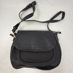 Sole / Society Black Faux Leather Crossbody Bag Gold Zipper Leopard Print Lining